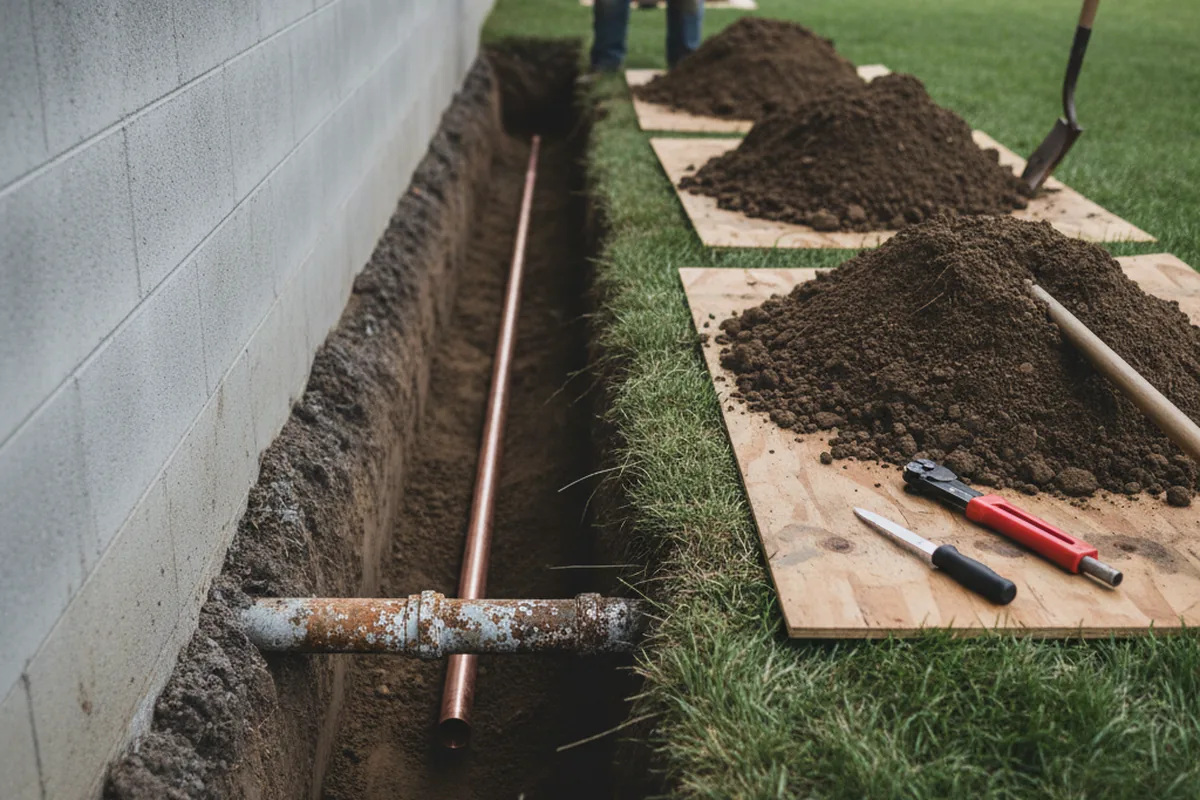 Excavated water line trench during Sewer Line Repair in Ely
